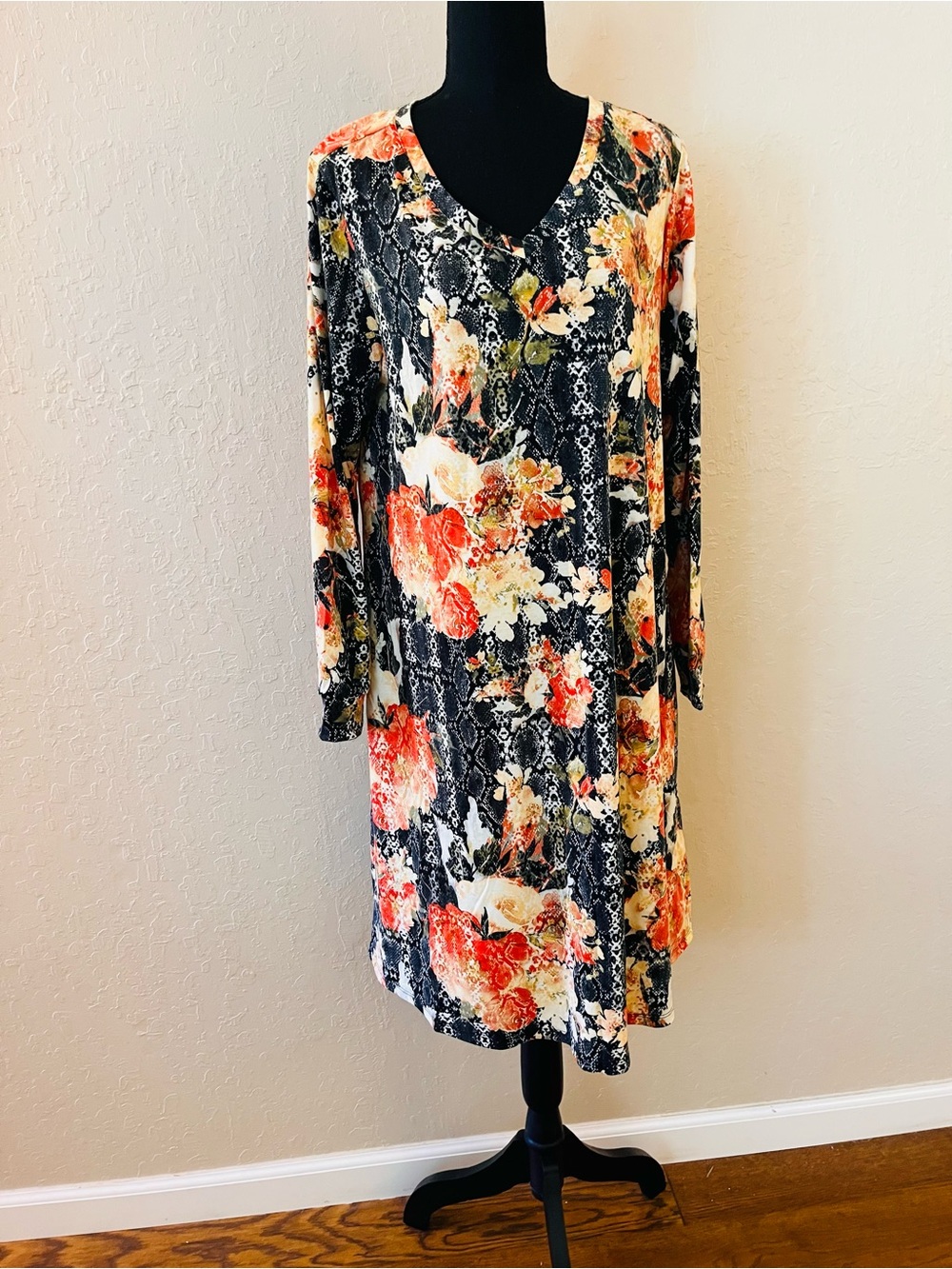 LuLaRoe Emily Black Dress with Coral and Cream Floral Print - Long Sleeve V-Neck